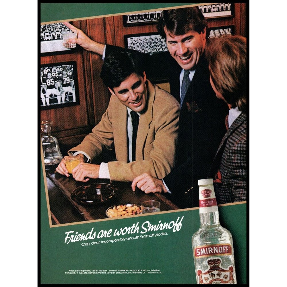 1986 Smirnoff Vodka Vintage Print Ad Men Sports Bar Ash Tray Football Wall Art